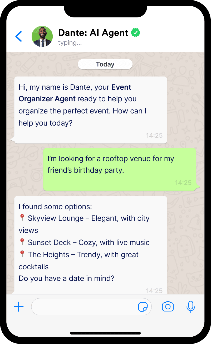 WhatsApp screen showing chat with AI agent