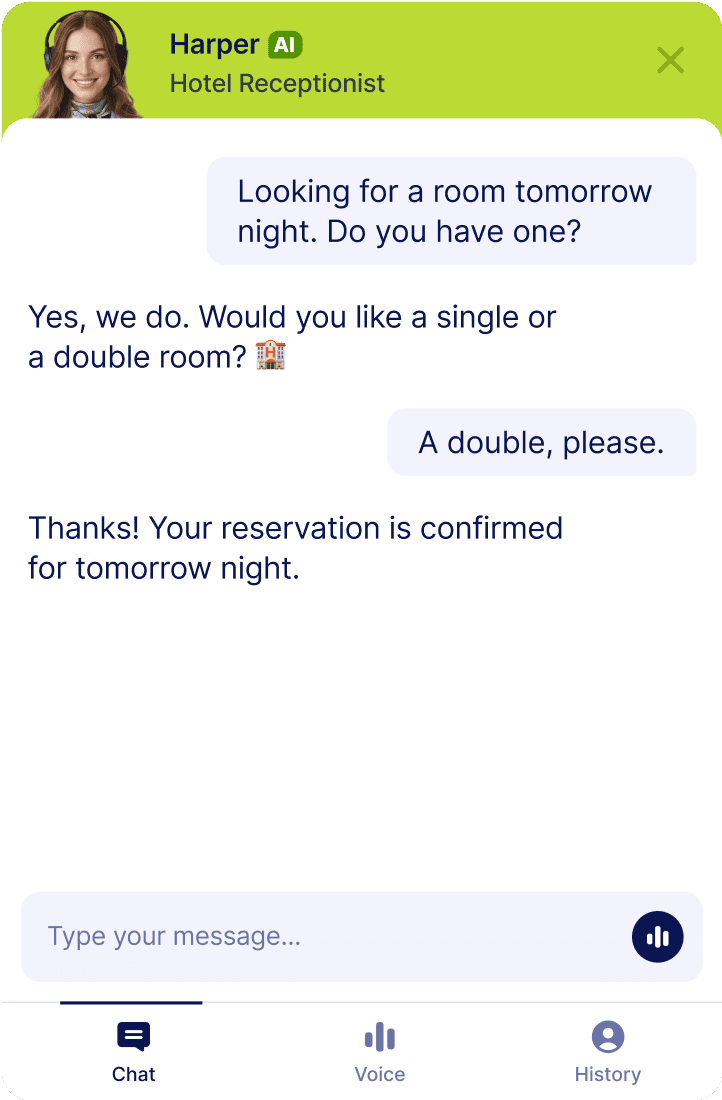 A WordPress-themed mobile chat screen showing an AI hotel receptionist helping a user book a room for tomorrow night.