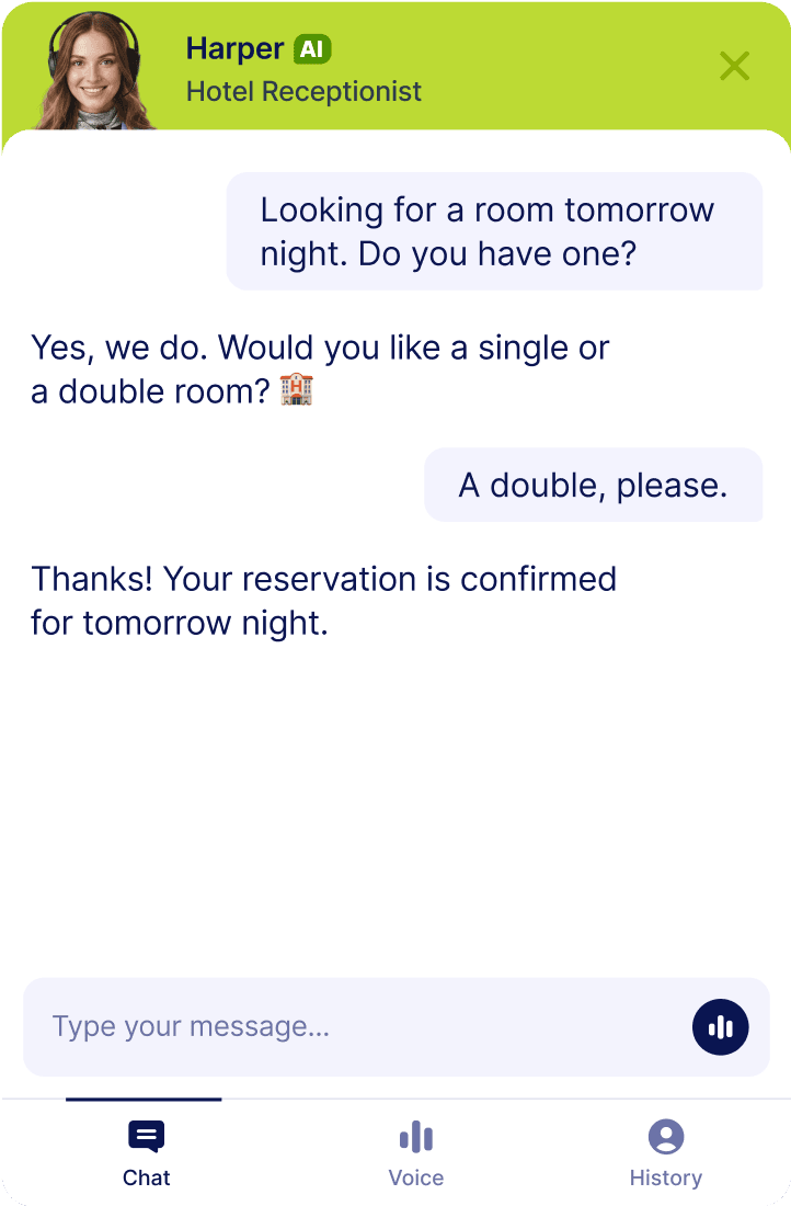 A WordPress-themed mobile chat screen showing an AI hotel receptionist helping a user book a room for tomorrow night.