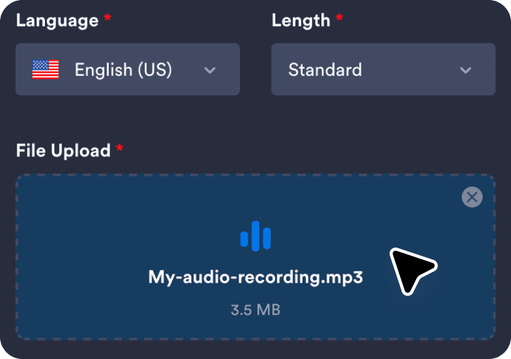 Upload an audio file and select language and summary length