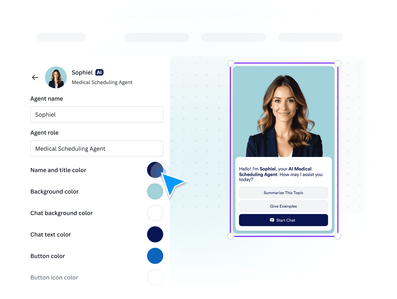 AI medical scheduling agent profile and chat appearance customization