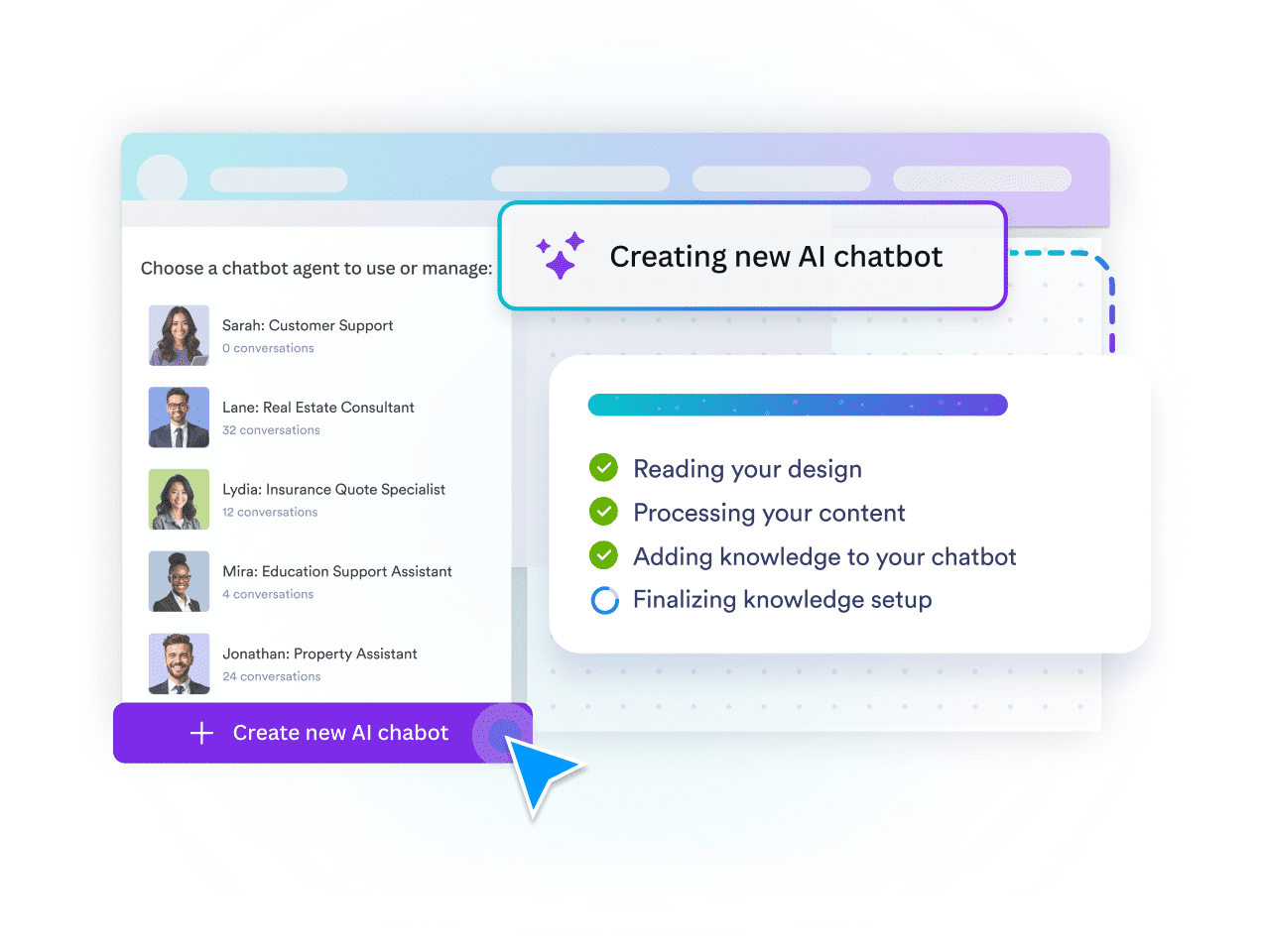 Creating a new AI chatbot from a list of existing agents and design content