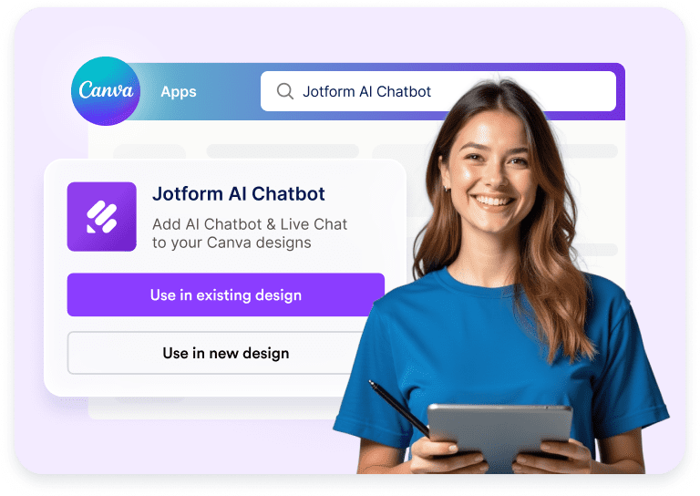 Jform AI Chatbot selected in Canva Apps with use options