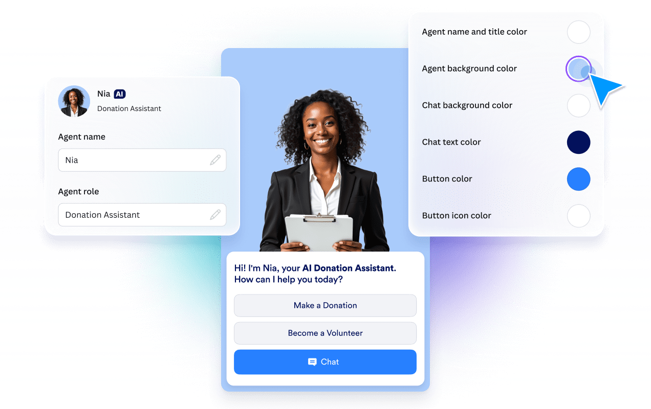 AI donation assistant profile with chat interface and appearance customization