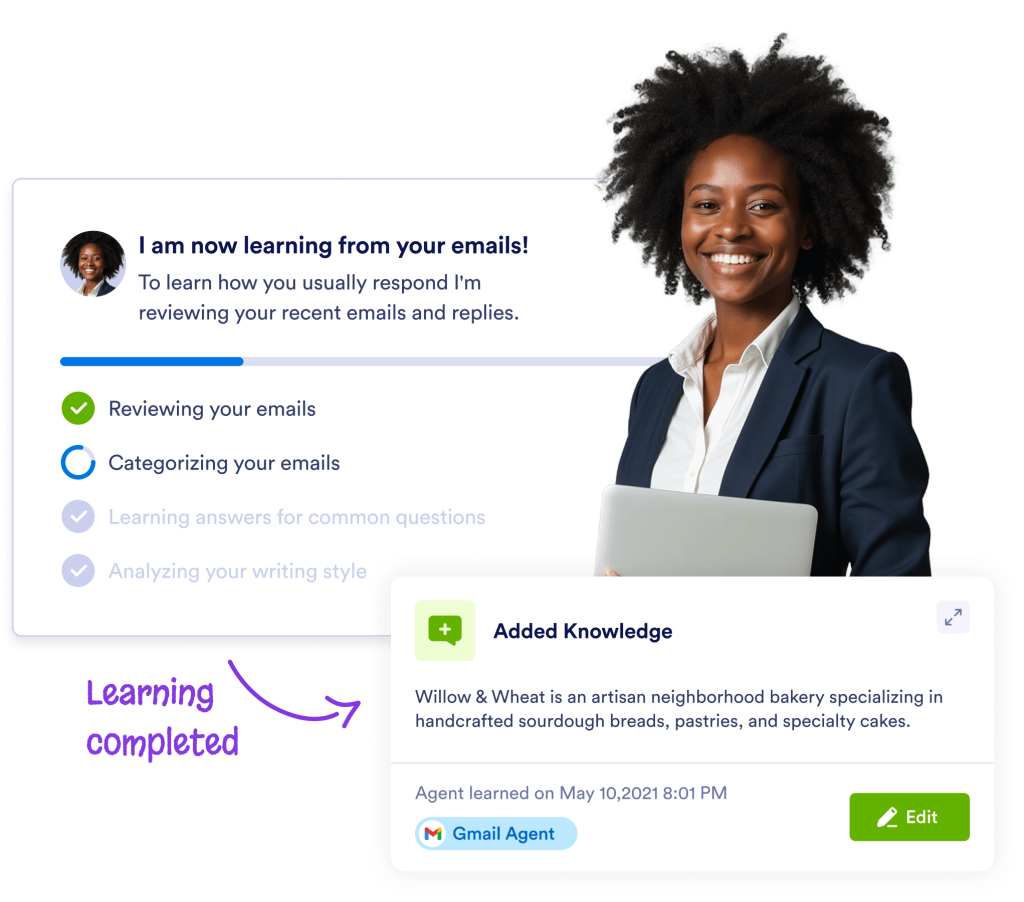 Businesswoman holding a laptop, with a progress screen showing email analysis and learning completion.