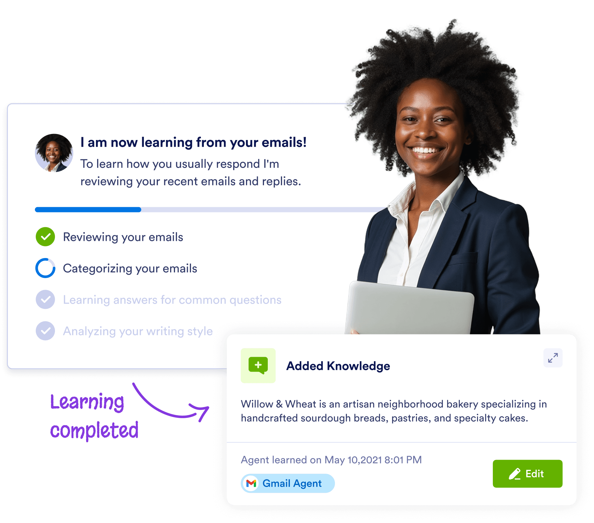 Businesswoman holding a laptop, with a progress screen showing email analysis and learning completion.