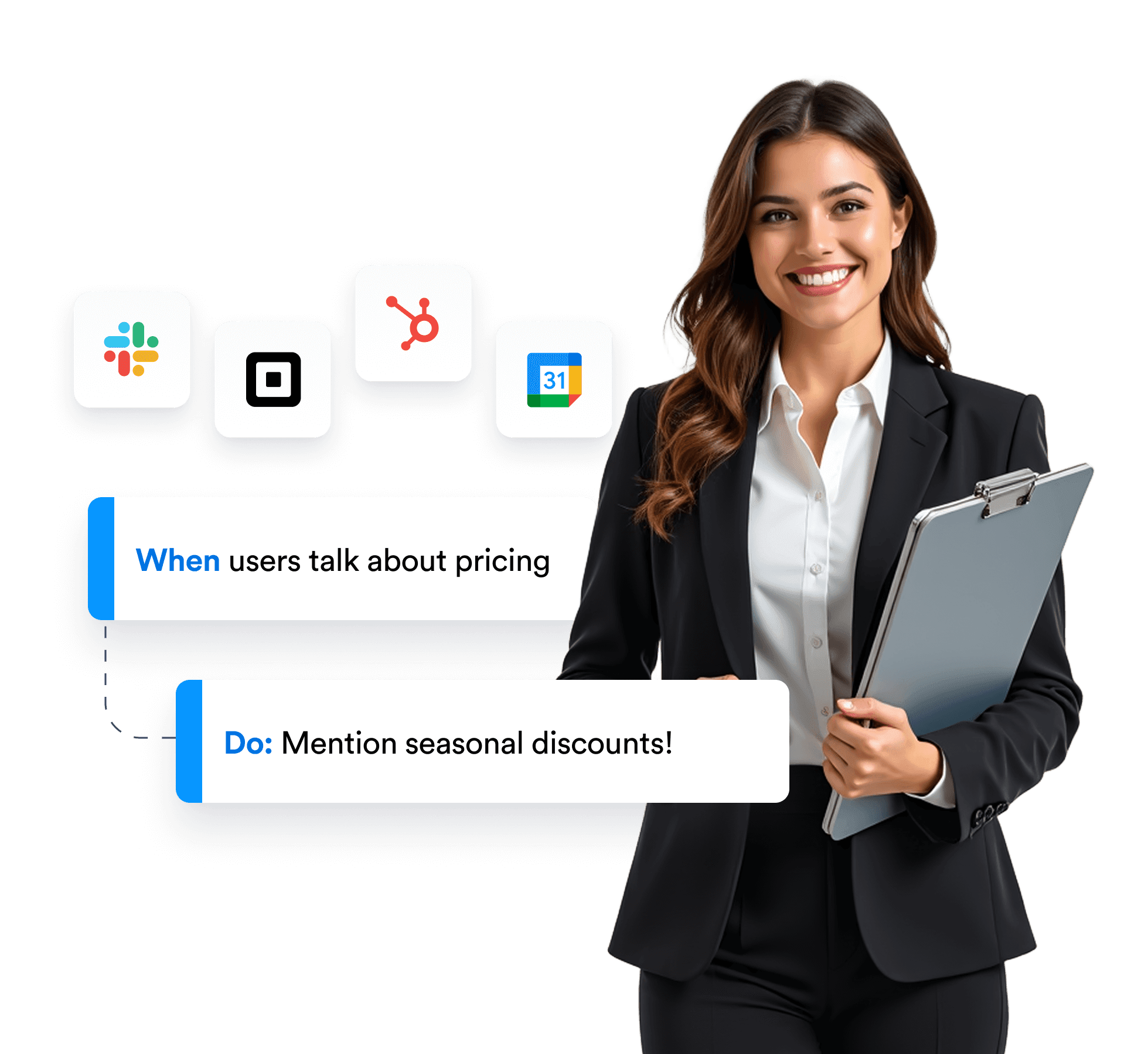 Professional woman with integrations and a prompt suggesting what to say when pricing is mentioned.