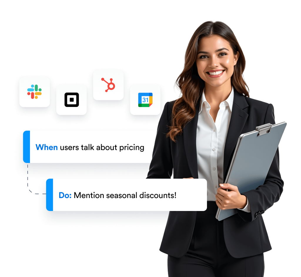 Professional woman with integrations and a prompt suggesting what to say when pricing is mentioned.