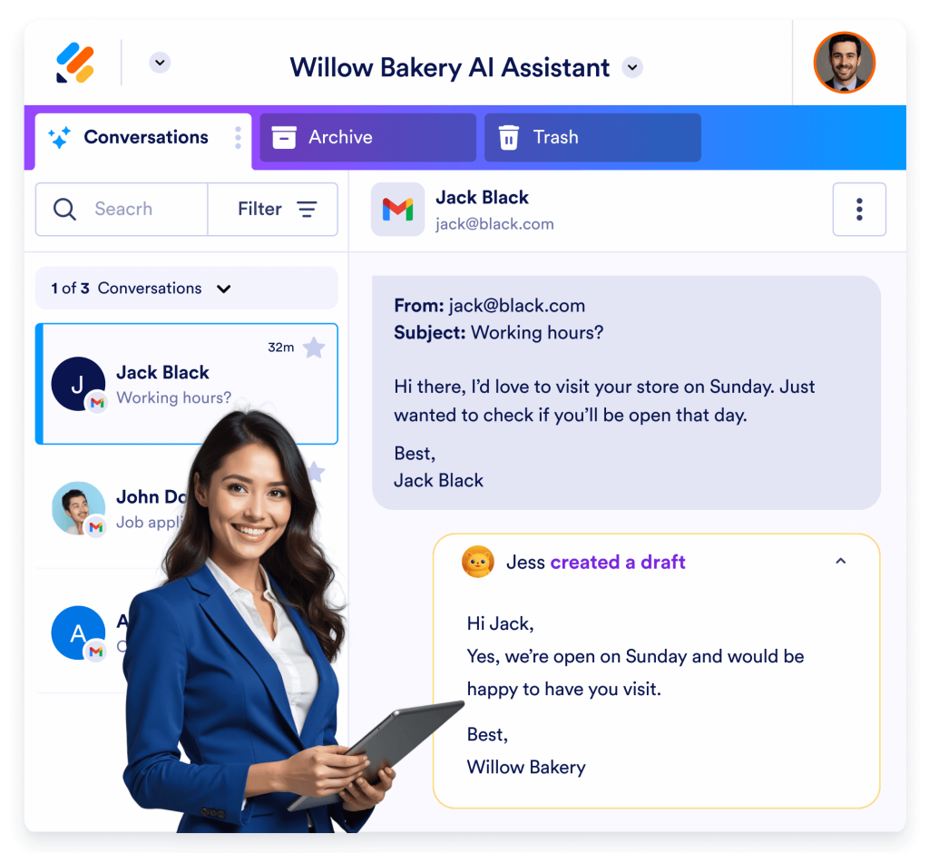 Woman holding a tablet next to an AI assistant interface drafting a reply to a customer email.