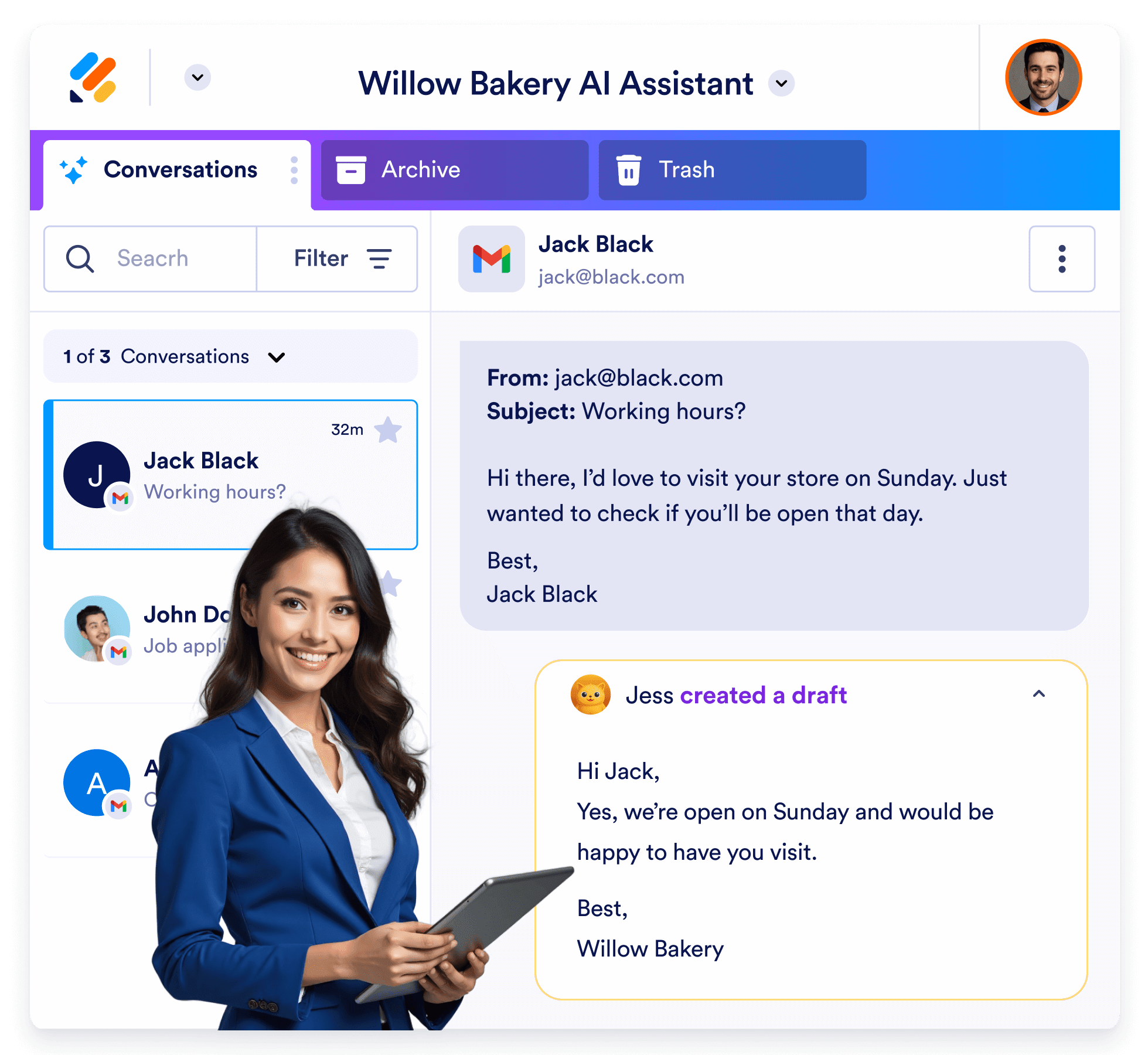Woman holding a tablet next to an AI assistant interface drafting a reply to a customer email.