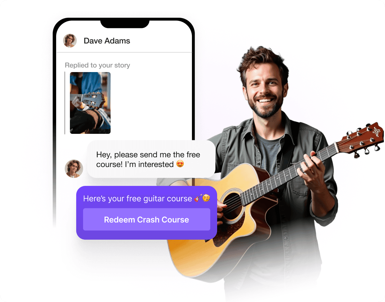 Automated Instagram story reply delivering a free guitar course link