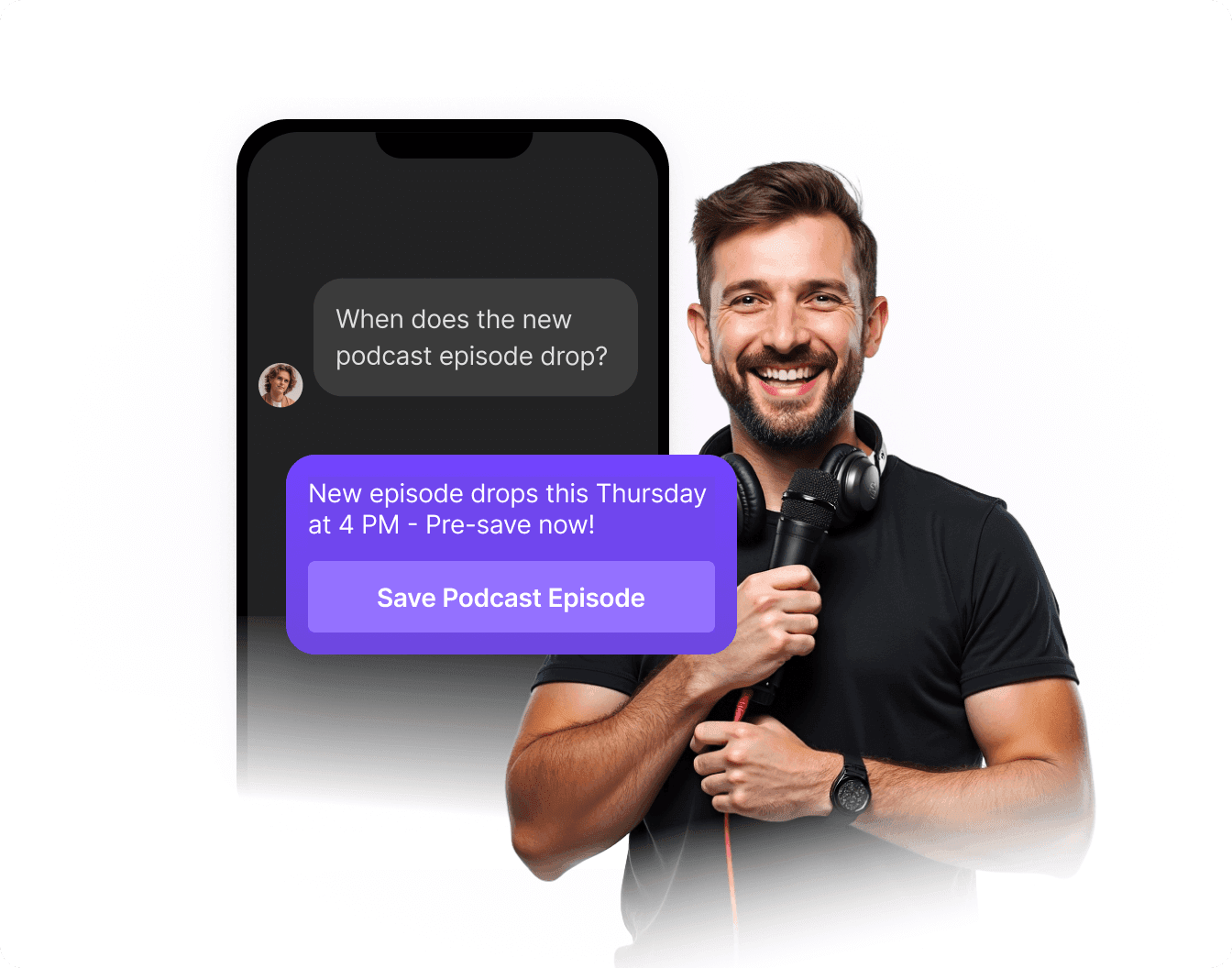 Automated Instagram reply promoting a new podcast episode with a save option