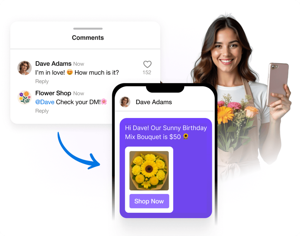 Automated Instagram comment reply sharing product price and purchase link