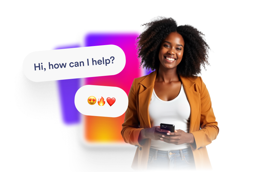 Smiling woman holding a smartphone with chat messages