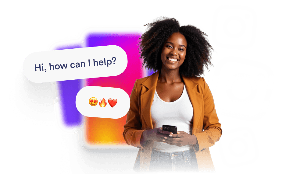 Smiling woman holding a smartphone with chat messages