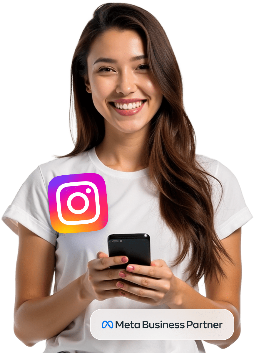 Smiling woman holding a smartphone, with the Instagram logo on her shirt and the Meta Business Partner badge displayed at the bottom right.