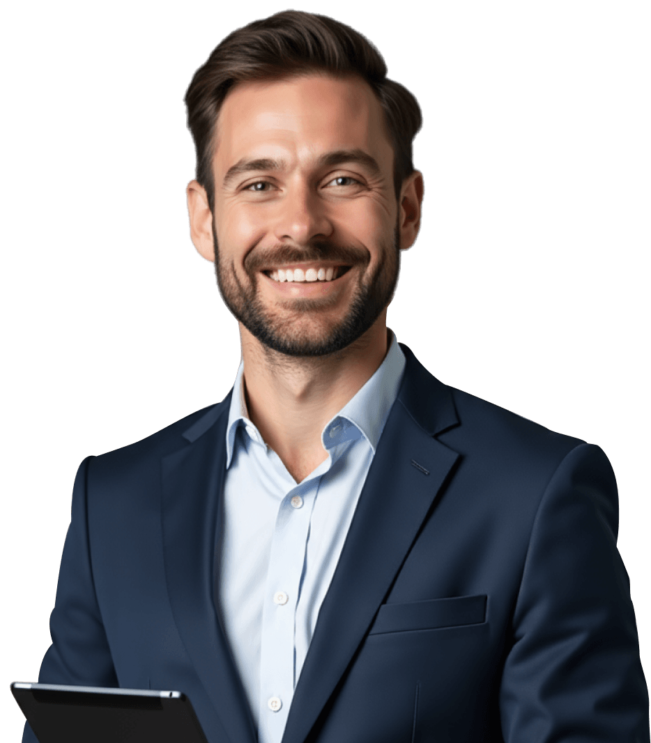 Smiling man in a suit stands beside a customer support chat where a user asks for a demo and receives a confirmation message.