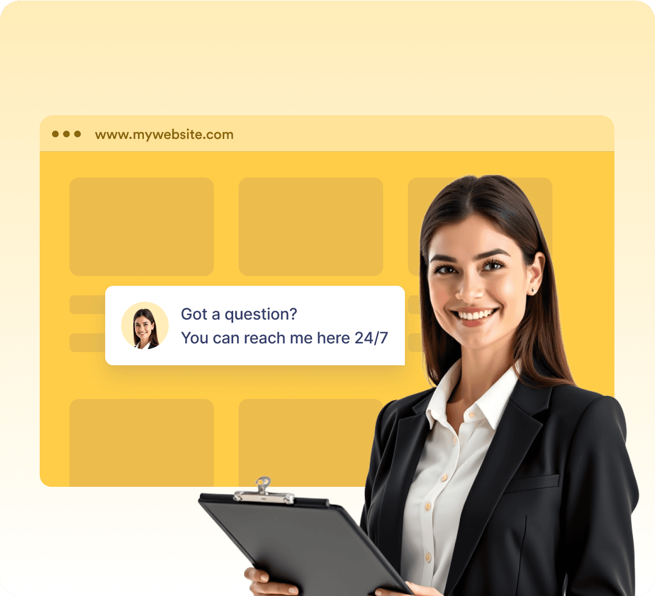 Smiling woman holding a clipboard in front of a website chat box that says ‘Got a question? You can reach me here 24/7.’