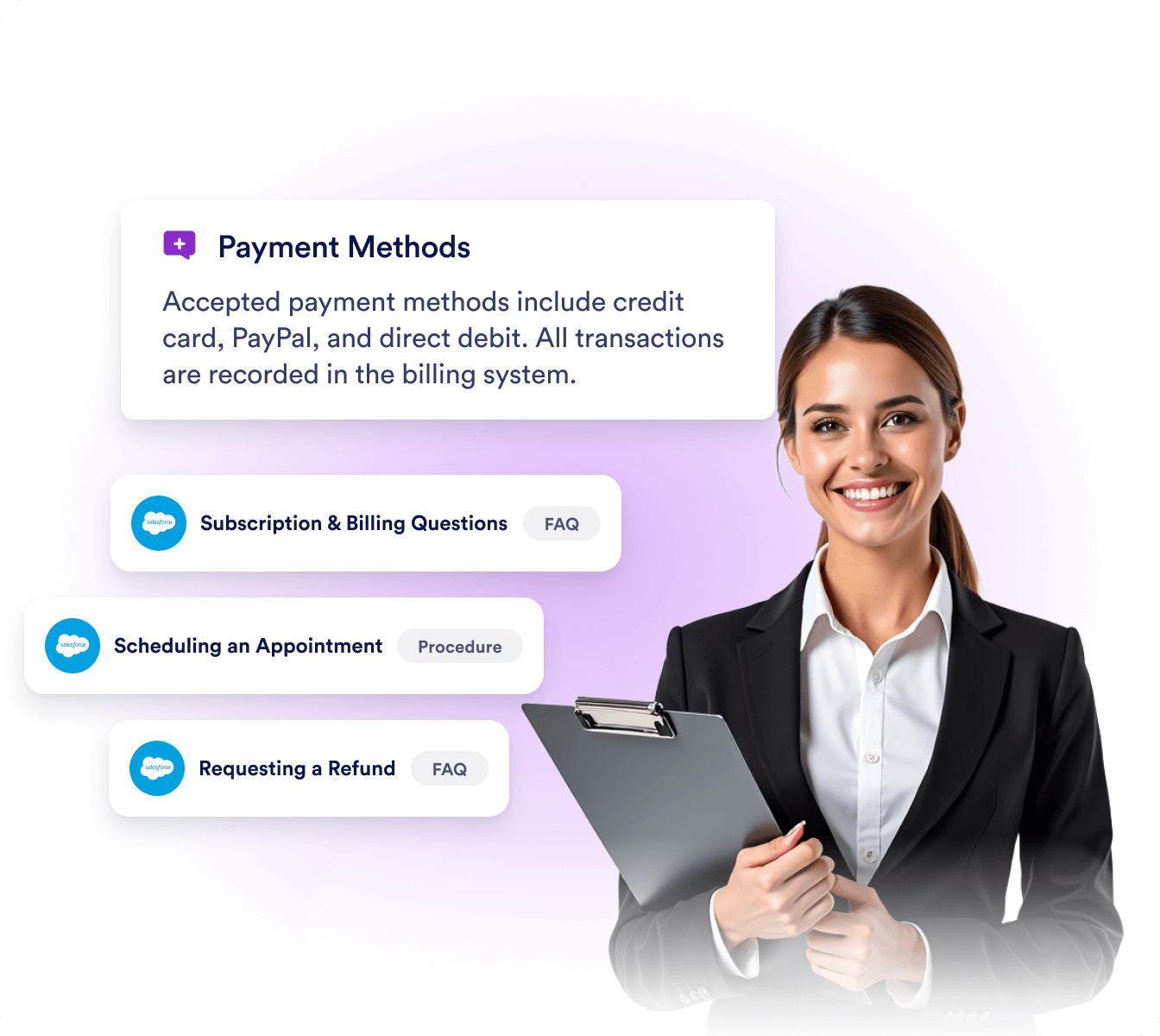 Salesforce knowledge base connected to AI agent, showing articles and FAQs used for context-aware responses