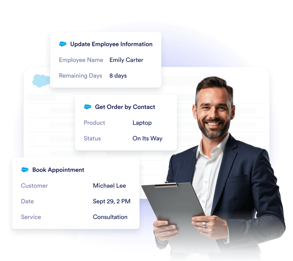 AI agent automating Salesforce actions such as creating records, tracking opportunities, and opening support cases