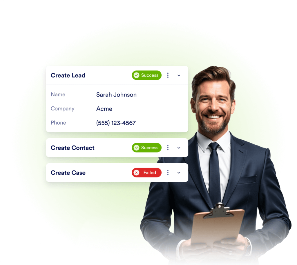 Dashboard showing action tracking logs with success and failure status for Salesforce agent operations