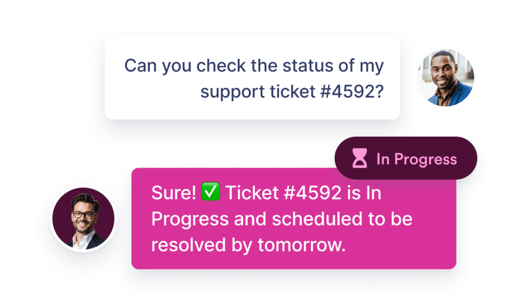 A customer asks, “Can you check the status of my support ticket #4592?” The support agent replies, “Sure! Ticket #4592 is In Progress and scheduled to be resolved by tomorrow.” The status badge shows ‘In Progress’.