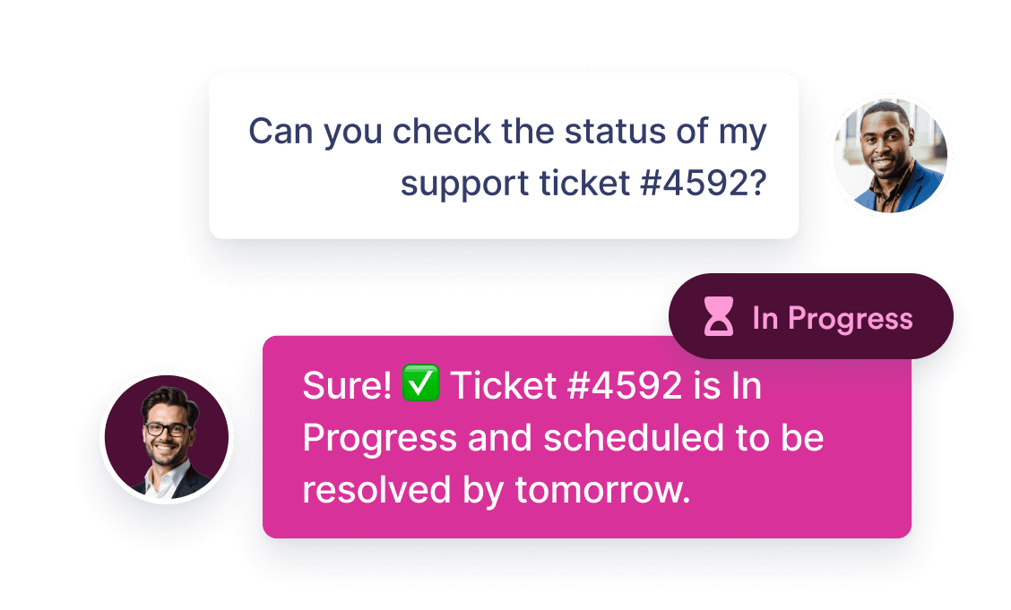 A customer asks, “Can you check the status of my support ticket #4592?” The support agent replies, “Sure! Ticket #4592 is In Progress and scheduled to be resolved by tomorrow.” The status badge shows ‘In Progress’.