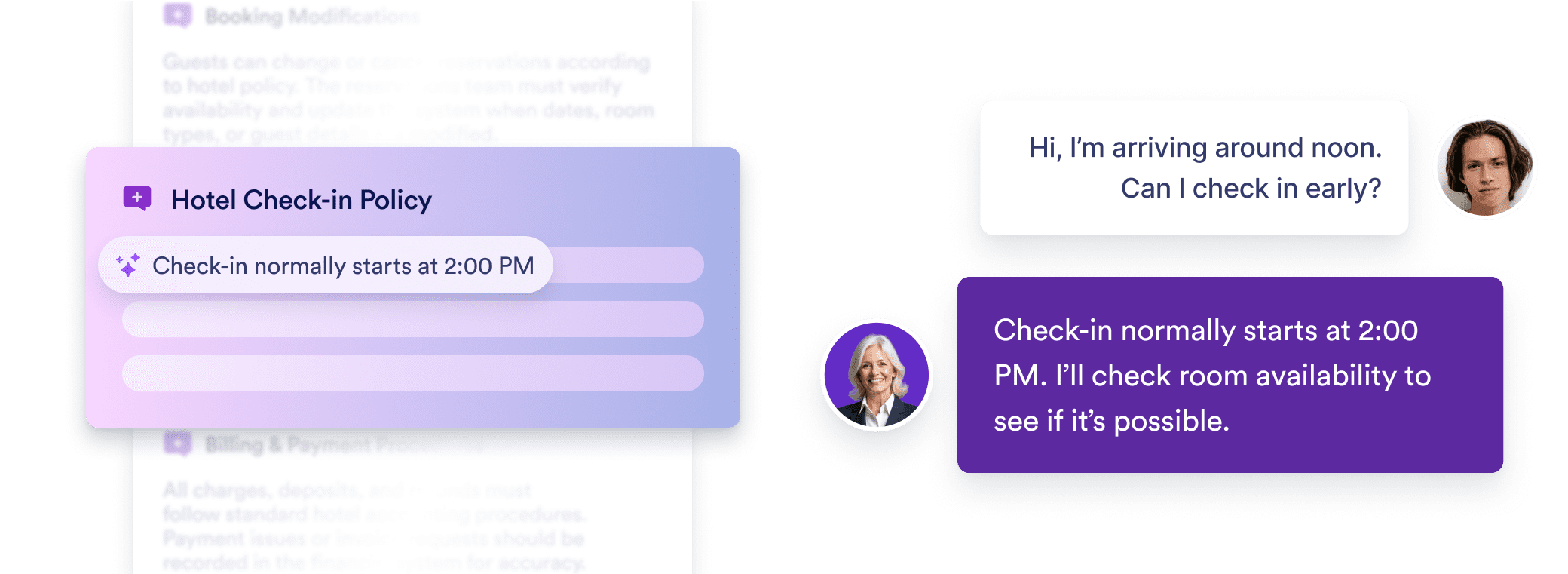 A guest asks, “Hi, I’m arriving around noon. Can I check in early?” The hotel representative replies, “Check-in normally starts at 2:00 PM. I’ll check room availability to see if it’s possible.” A panel labeled ‘Hotel Check-in Policy’ displays the same 2:00 PM check-in time.