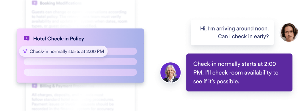 A guest asks, “Hi, I’m arriving around noon. Can I check in early?” The hotel representative replies, “Check-in normally starts at 2:00 PM. I’ll check room availability to see if it’s possible.” A panel labeled ‘Hotel Check-in Policy’ displays the same 2:00 PM check-in time.