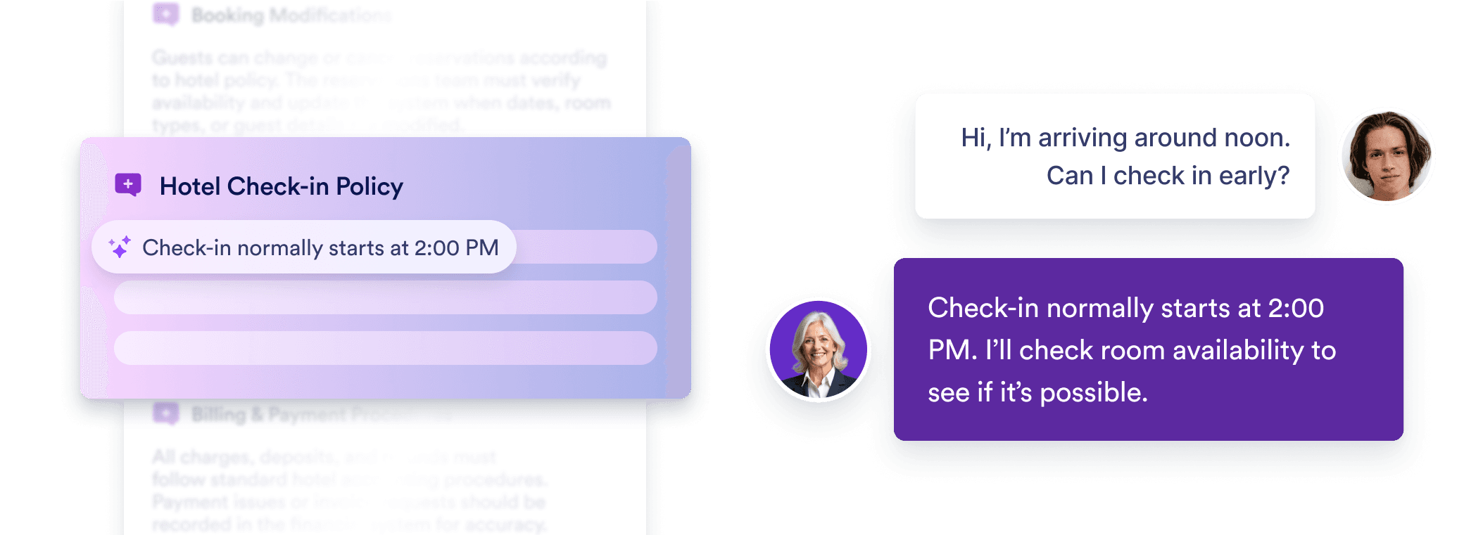 A guest asks, “Hi, I’m arriving around noon. Can I check in early?” The hotel representative replies, “Check-in normally starts at 2:00 PM. I’ll check room availability to see if it’s possible.” A panel labeled ‘Hotel Check-in Policy’ displays the same 2:00 PM check-in time.