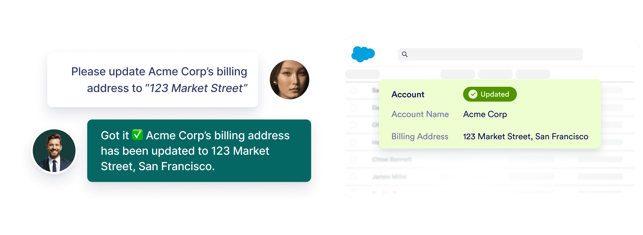 A customer asks to update Acme Corp’s billing address to ‘123 Market Street.’ The agent confirms it’s been updated in Salesforce.