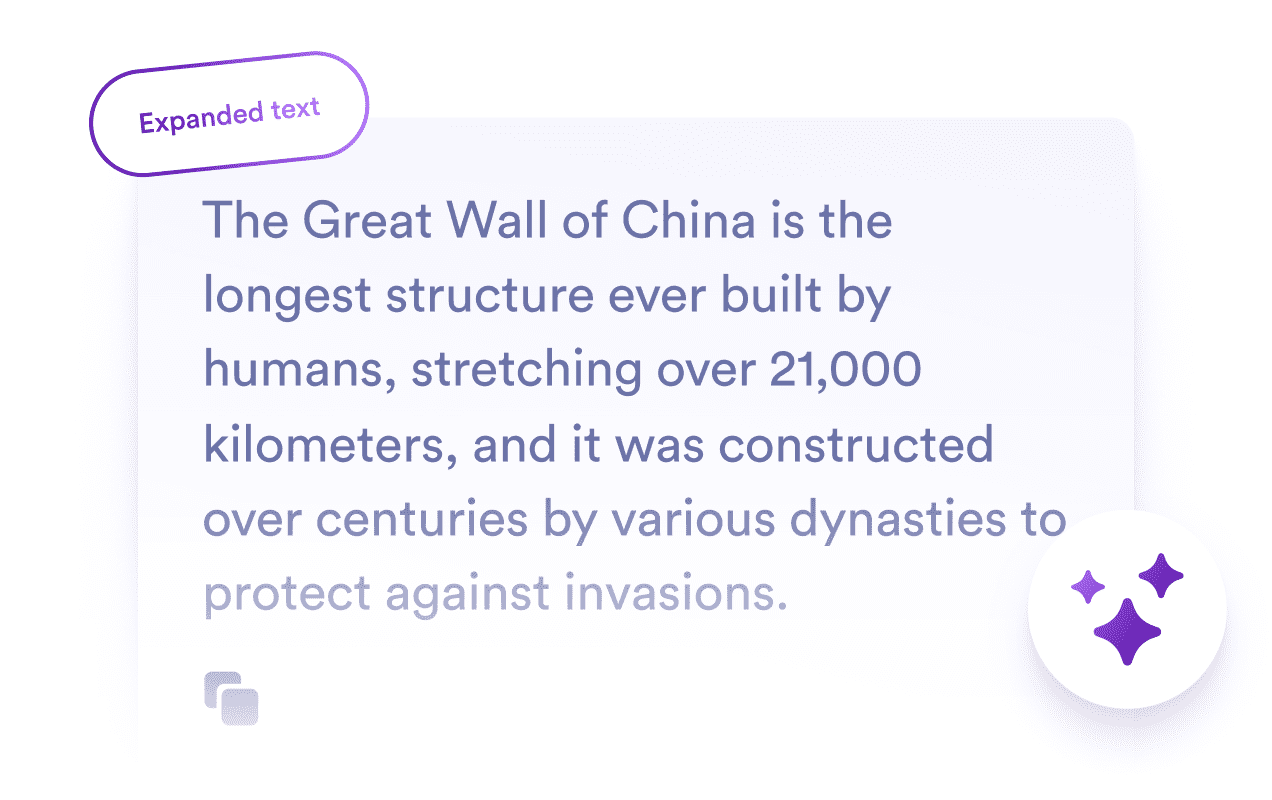 Card with the text: The Great Wall of China is the longest structure ever built by humans, stretching over 21,000 kilometers, and it was constructed over centuries by various dynasties to protect against invasions.