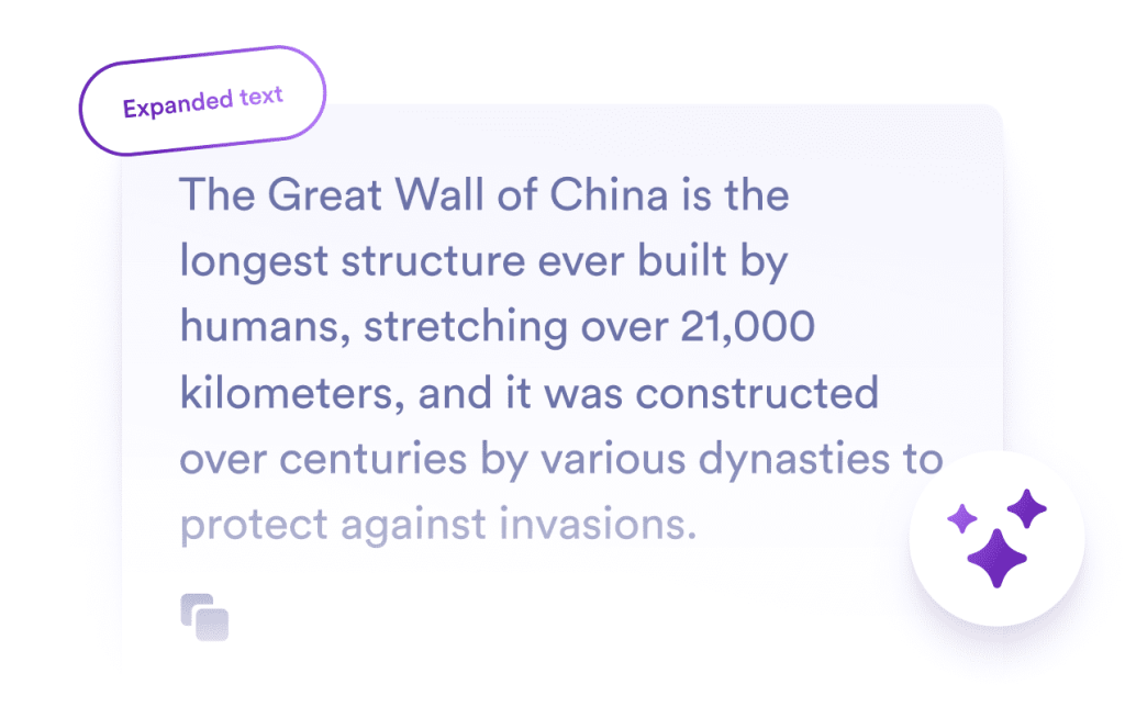 Card with the text: The Great Wall of China is the longest structure ever built by humans, stretching over 21,000 kilometers, and it was constructed over centuries by various dynasties to protect against invasions.