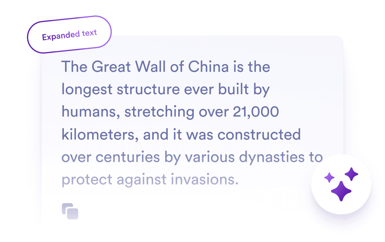Card with the text: The Great Wall of China is the longest structure ever built by humans, stretching over 21,000 kilometers, and it was constructed over centuries by various dynasties to protect against invasions.