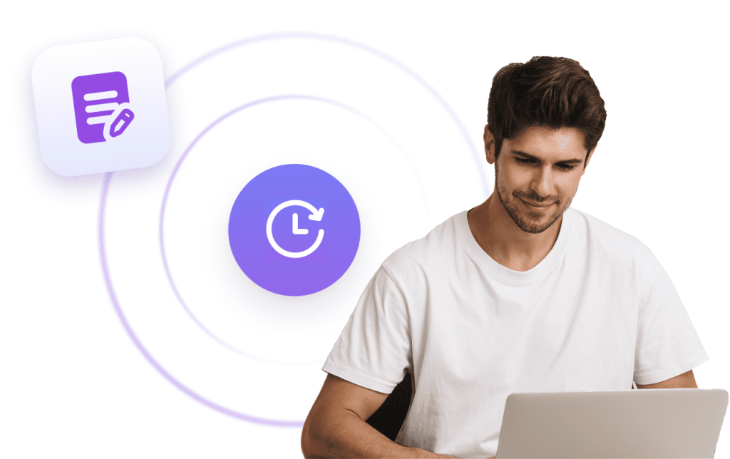 Young man sitting in front of a computer with a clock icon next to him emphasizing on him saving time.