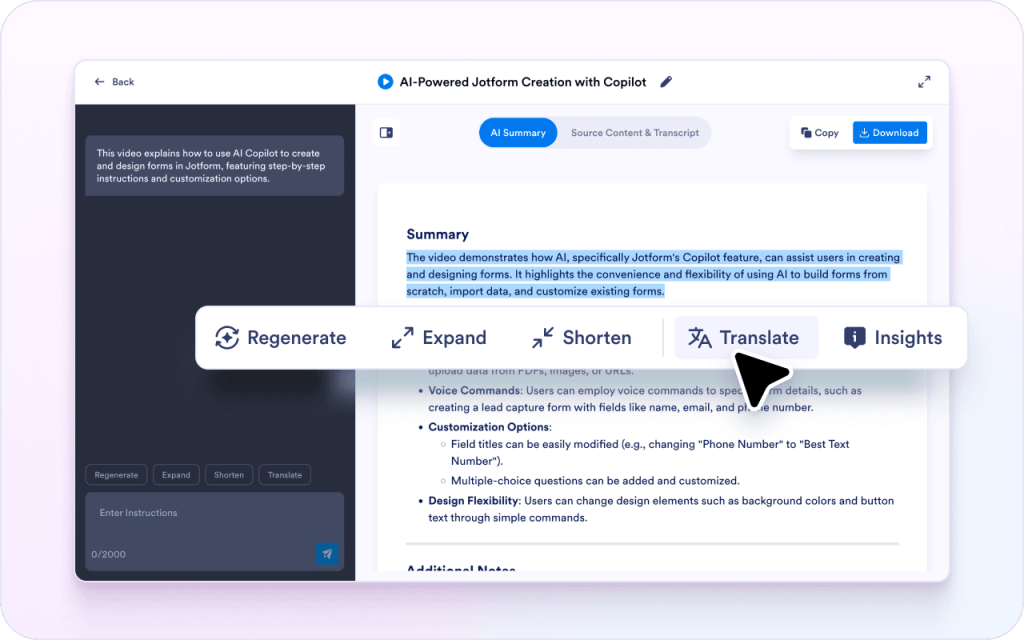 Rephrase or translate parts of the summary