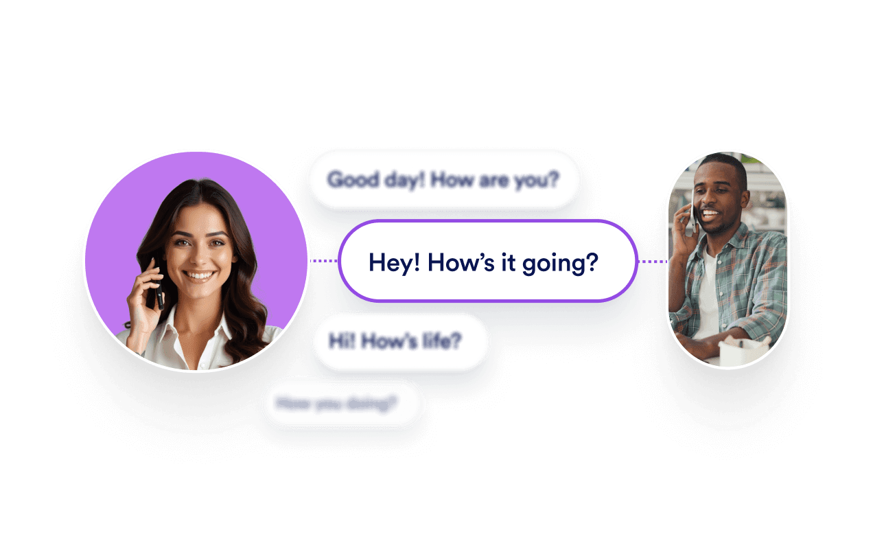 An AI Agent is talking on the phone with greeting message options next to it