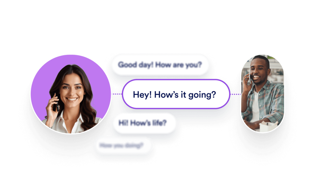 An AI Agent is talking on the phone with greeting message options next to it