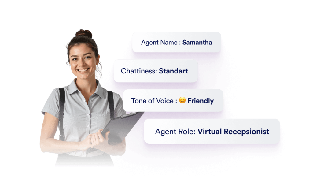 A woman smiles and next to her there are information about agent