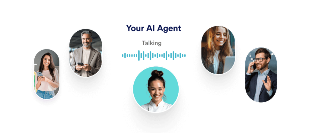 An AI agent smiles in the middle of 4 people