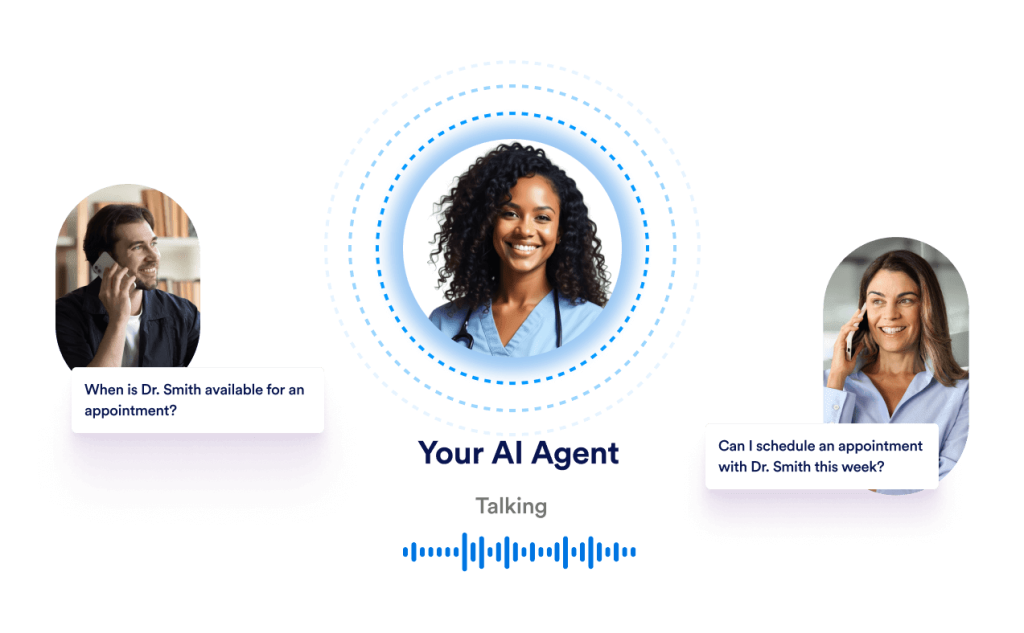 An AI Agent is talking on the phone in the middle of two people that are asking questions