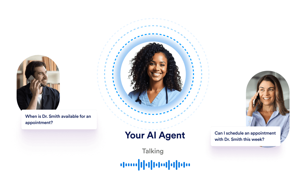 An AI Agent is talking on the phone in the middle of two people that are asking questions