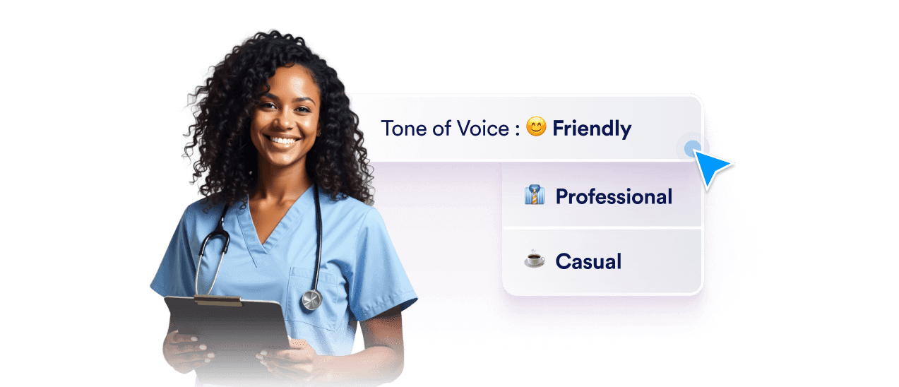 A doctor AI Agent is smiling and next to her there are tone of voice options
