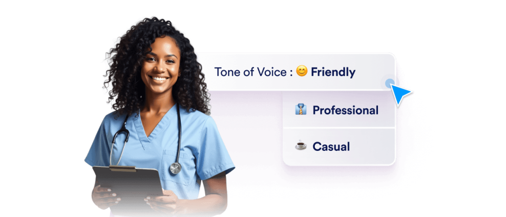 A doctor AI Agent is smiling and next to her there are tone of voice options