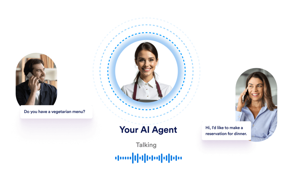 An AI Agent smiles in the middle of 2 people that asks questions