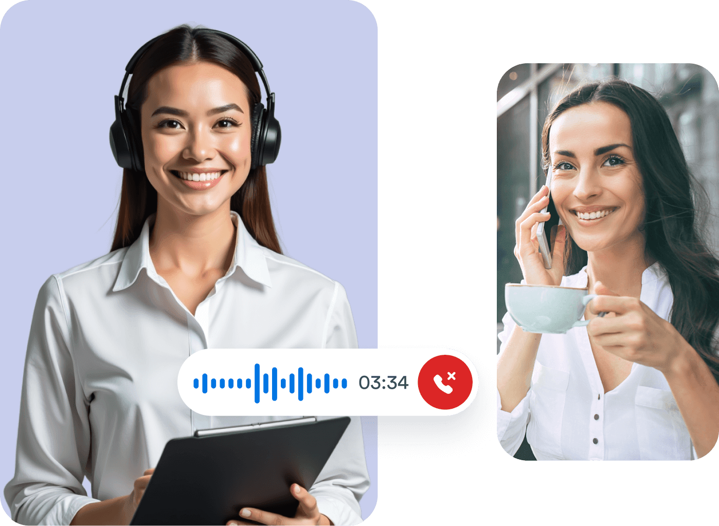 A women holding a cup and phone on the other hand talks with AI Agent