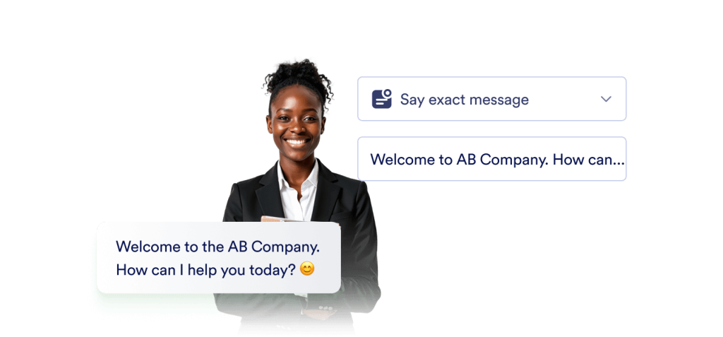 An agent greets her customers for AB Company and next to her there is greeting message setting