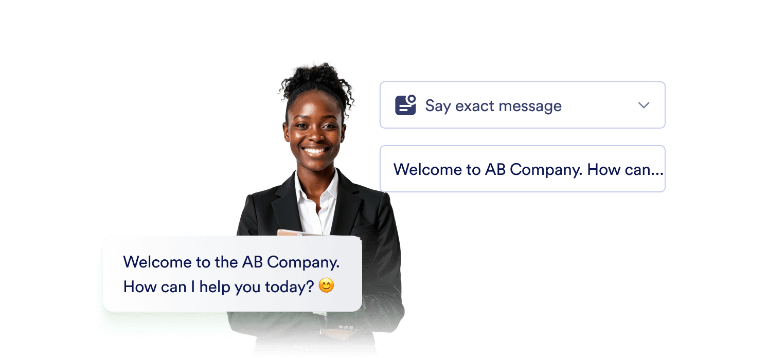An agent greets her customers for AB Company and next to her there is greeting message setting
