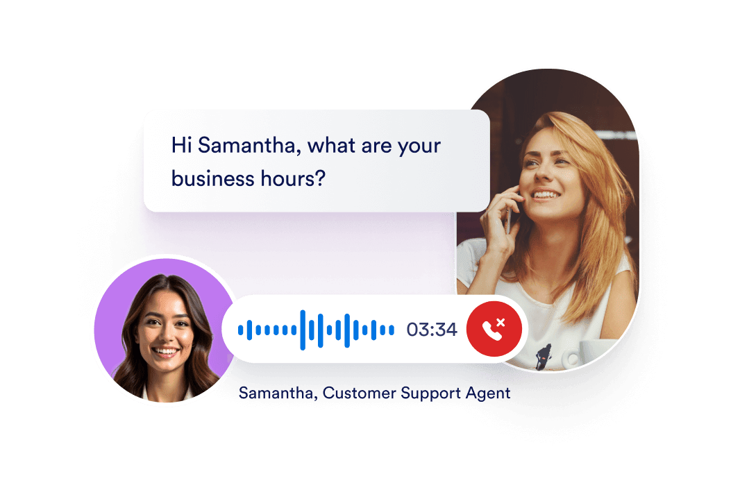 A woman talking an AI Agent named Samanta that asks for business hours