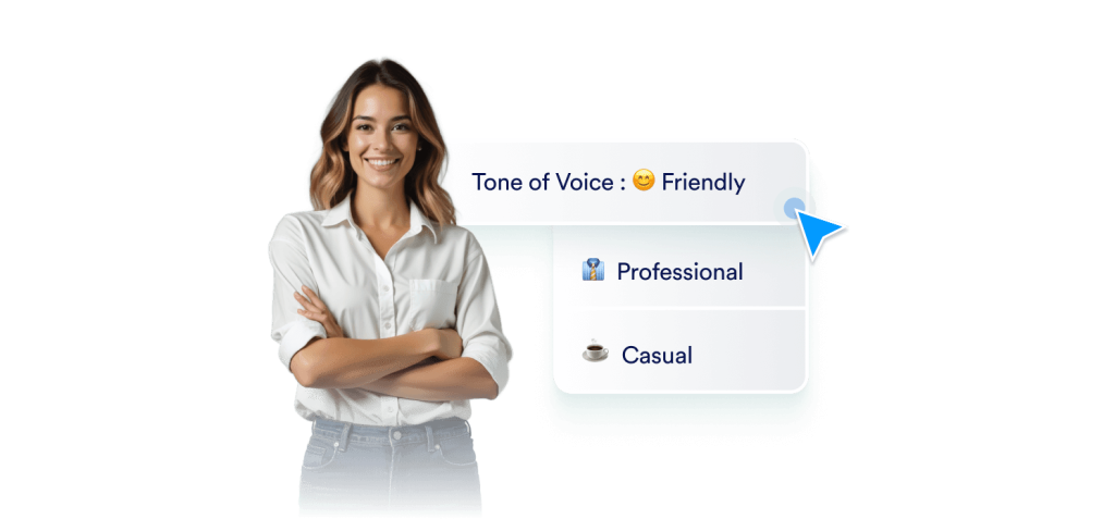 A woman smiling and next to her there a customization options for AI agents' tone of voice